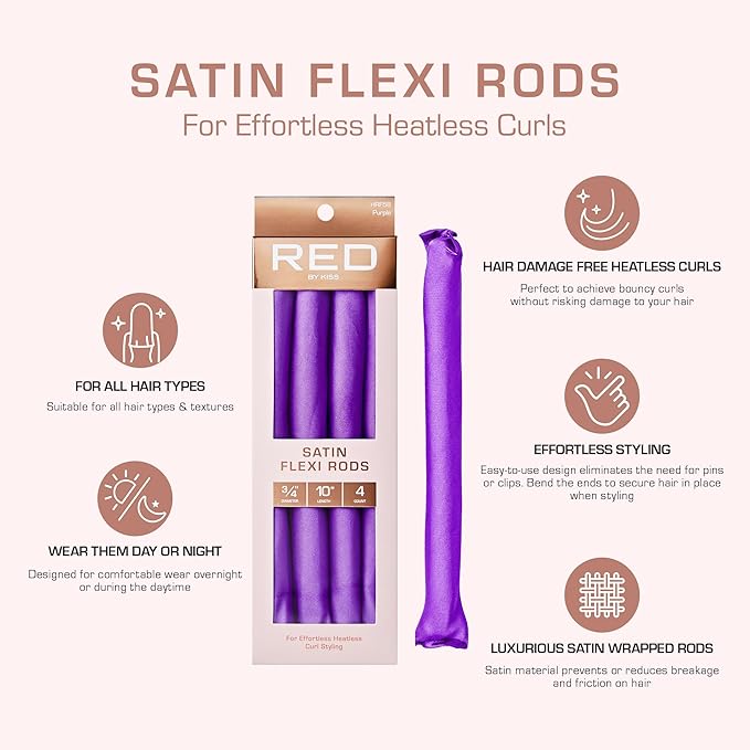 Red by Kiss Satin Flexi Heatless Curling Rods, Damage Free & Frizz Free No Heat Soft Curls, Silky Satin to Prevent Breakage, Comfortable Pin-Free Styling, Gentle Rollers for All Hair Types