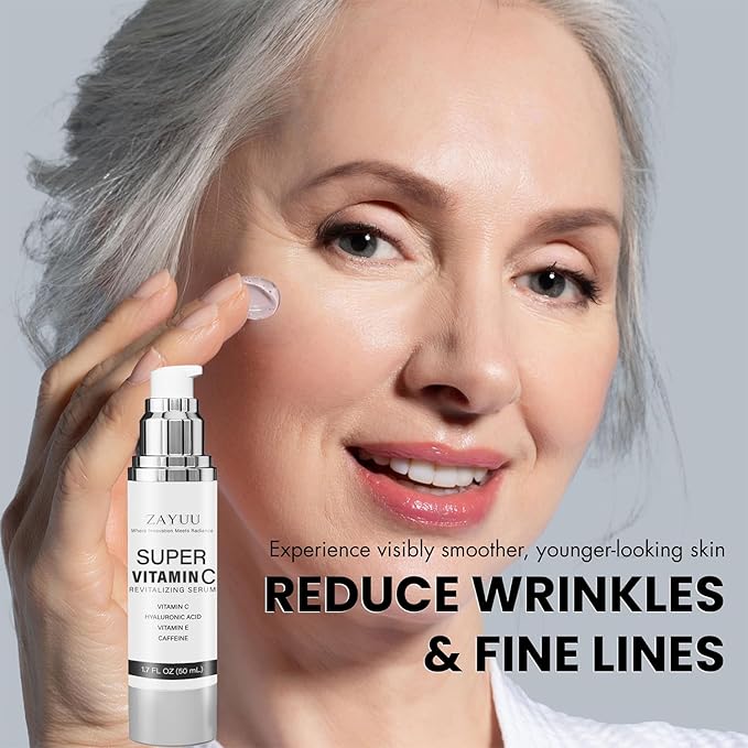 Super Vitamin C Face Serum for Mature Skin: Hydrating Brightening Formula - Vitamin C, Hyaluronic Acid, Vitamin E, Caffeine - Face Lift Serum for Wrinkles, Dark Spots - 1.7 fl. oz.