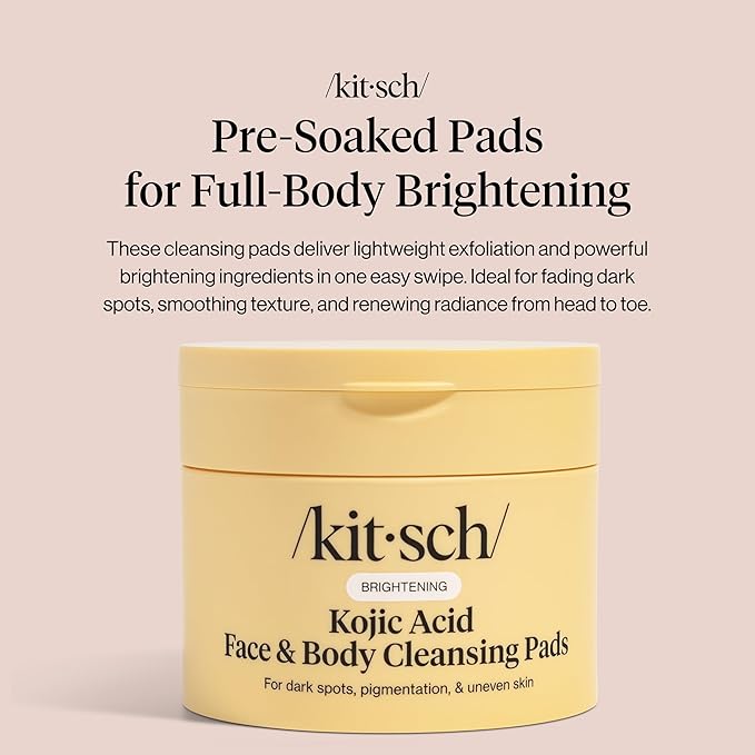Kitsch Kojic Acid Cleansing Pads with Turmeric & Cica to Smooth, Refresh & Even Tone Skin Care – Exfoliating & Brightening Pre-Soaked Cotton Pads for Face and Body – 50 count