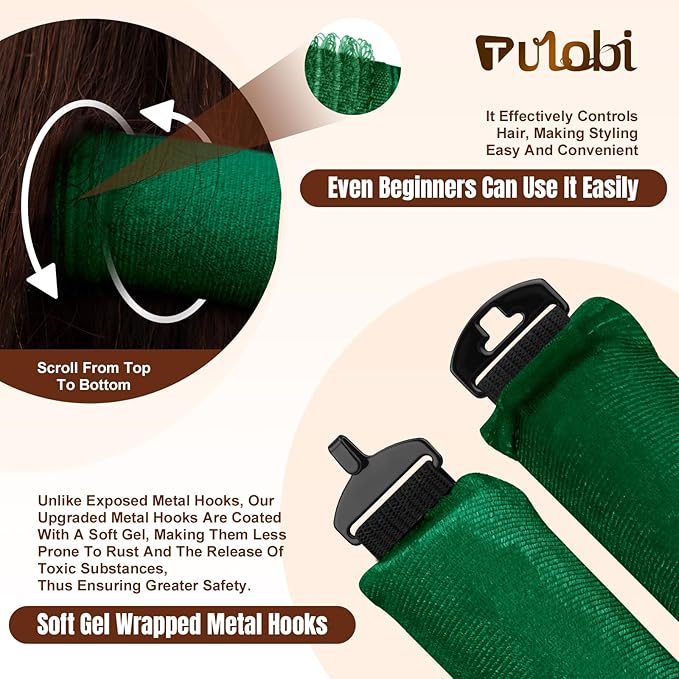TULOBI 3 Pcs Heatless Curls Overnight - Upgraded Velvet Heatless Hair Curler with Velcro Fastener, Overnight Jumbo Blowout Rods, Hair Curlers to Sleep in for All Hair Types (Green)
