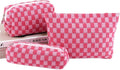 EIMMBD Makeup Bag 3 Pieces Large Capacity Checkered Cosmetic Bags Canvas Travel Toiletry Bag Organizer Cute Makeup Pouch Storage for Women(Rose)