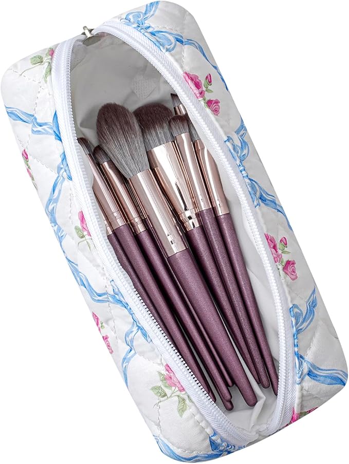 Cute Floral Makeup Brush Bag Small Cotton Quilted Cosmetic Bag for Women Travel Toiletry Zipper Make Up Pouch (Blue Bowknot Rose)