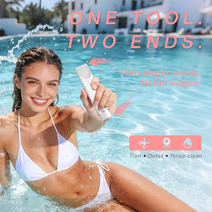 Bikini Trimmer for Women, Dual-Ended Electric Razor Personal Shaver for Bikini Line & Pubic Hair, Waterproof USB-C Rechargeable Body & Face Trimmer for Underarms & Legs (Pearl White)