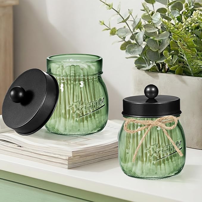 SheeChung Green Glass Qtip Holder Dispenser, Mason Jar Apothecary Jars with Lids, Bathroom Organizers and Storage, Vanity Countertop Canisters Set for Cotton Swab, Ball, Pad, Floss Pick-Black, 1Pc