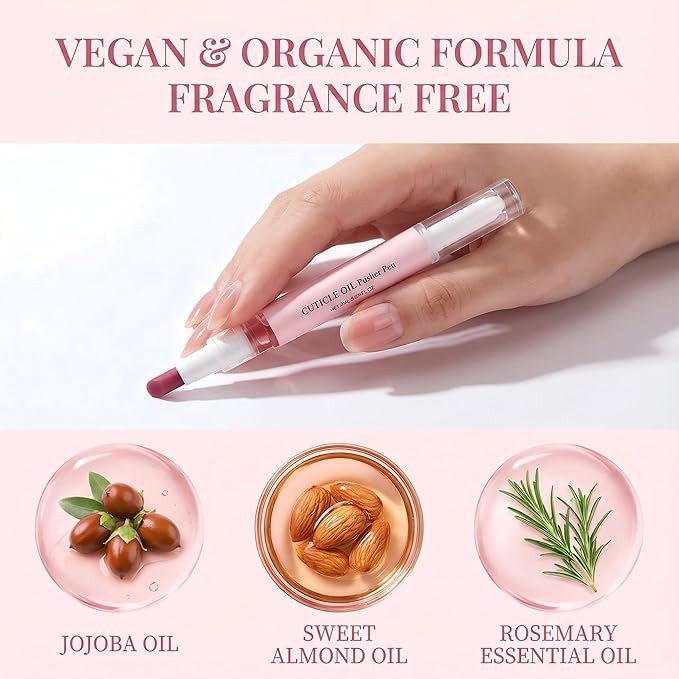 Ceramic Cuticle Pusher & Nail Oil Pen, 2-in-1 Nail Care Tool for Sensitive or Damaged Nails, Gentle Hangnail Remover, Portable Nail Pen with Stainless Steel Cuticle Cleaner (Pink)