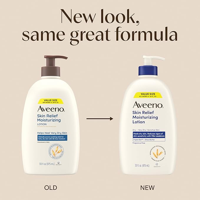 Aveeno Skin Relief Moisturizing Lotion Heals Very Dry, Sensitive Skin, Fast-Absorbing Body Lotion with Triple Oat & Shea Butter, Fragrance Free, Non-Comedogenic, Value Size, 33 fl. oz