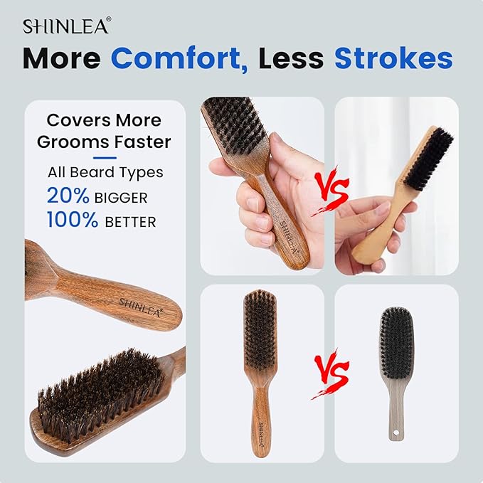 Boar Bristle Hair Brush for Men, Beard Brush with Wooden Handle for Beards Mustaches Grooming, and Soften Facial Hair, Slick Back Hair Brush for Thick & Fine Hair, Great Gift