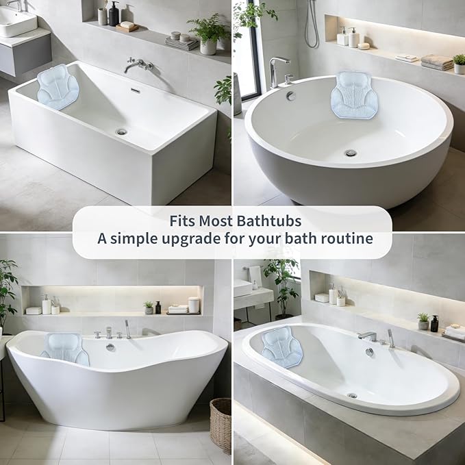 Luxury Bath Pillows for Tub with 4D Mesh Fabric - Thick and Soft Ergonomic Head Neck Back Support, Quick-Drying White Bath Pillows with Anti-Slip Suction Cups, Spa Gift for Adults and Seniors