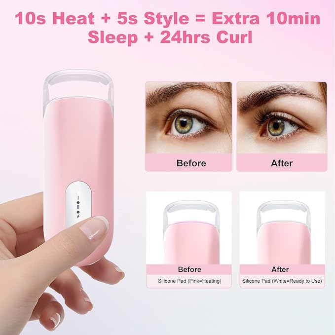 Visible Heated Eyelash Curler, Rechargeable Electric Eyelash Curlers 10S Fast Heat, Safe Anti-Burn Mini Heat Eye Lash Curler 24Hrs Long Lasting Natural C Curl Lashes (Pink)
