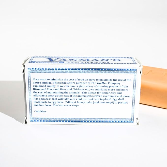 VanMan Beef Tallow and Honey Bar Soap – Pure Grass-Fed Beef Tallow for Skin with Raw Honey & Distilled Water, Unscented Soap, Hydrating & Nourishing, Clean Ingredients, 3.8oz - 5 Pack