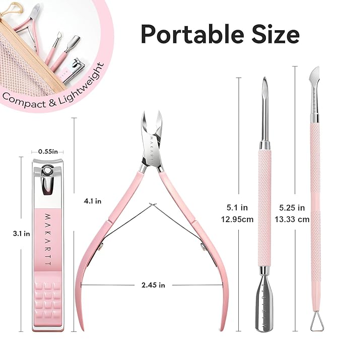 Makartt Cuticle Trimmer Set with Professional Cuticle Nipper, 2 Cuticle Pushers & Nail Clipper, Stainless Steel Pink Manicure Tools Kit for Women, Sharp, Ergonomic & Portable