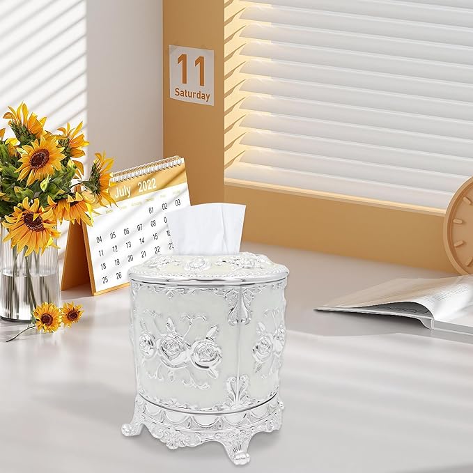 Geesatis Tissue Box Cover, Cylindrical Tissue Box Holder, Napkin Facial Tissues Holder for Bathroom Toilet Bedroom Living Room Table Desk Office Dresser, 1Pcs Silver 6.5''x6.1''