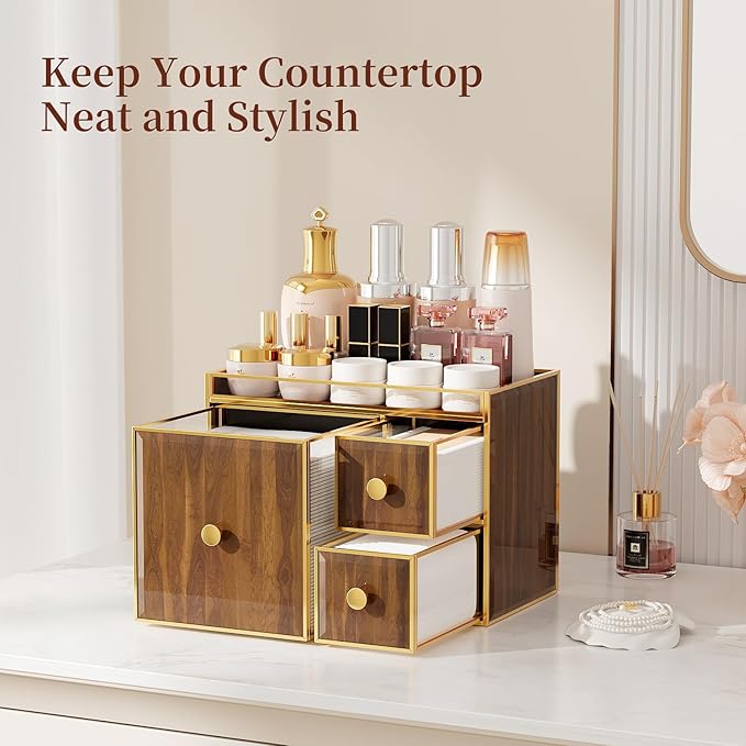 Tempered Glass Face Towel Holder with 3 Drawers, Bathroom Vanity Organizer for Disposable Face Towels, Cotton Pads, Swabs and Skincare