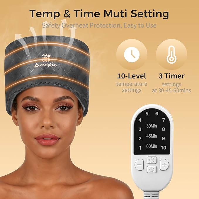 Thermal Heat Cap for Deep Conditioning - Electric Steamer Cap with 10-Level Temperature Control, Fast Heating for Natural & Afro Hair Care at Home