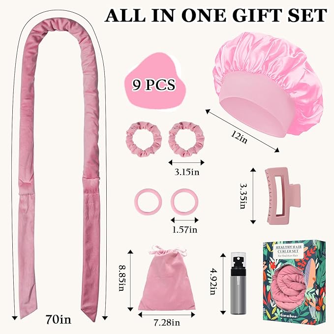No Heat Overnight Curl Headband, 70" Soft Ribbon Curl Wrap for Long Hair - 9 PCS Rods Set with Bonnet, Pink