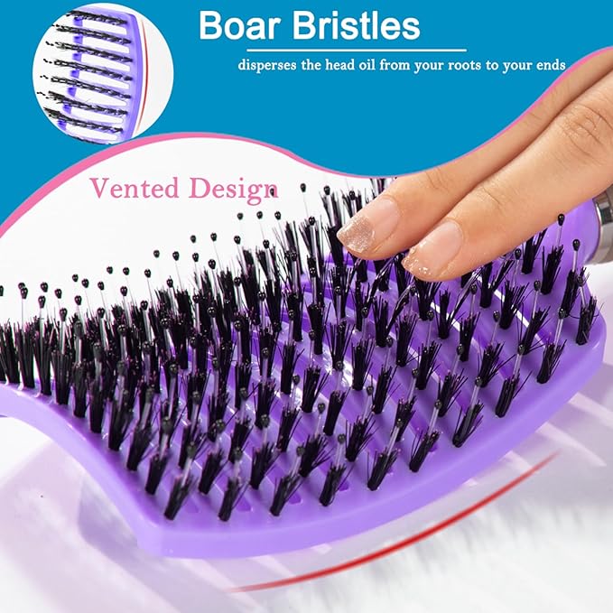 Boar Bristle Hair Brush Set - Dry/Wet Hair Brush Detangler for Fine, Thick, Curly Hair - Curved and Vented Brush for Women, Men or Kids (Purple & Rose Red)