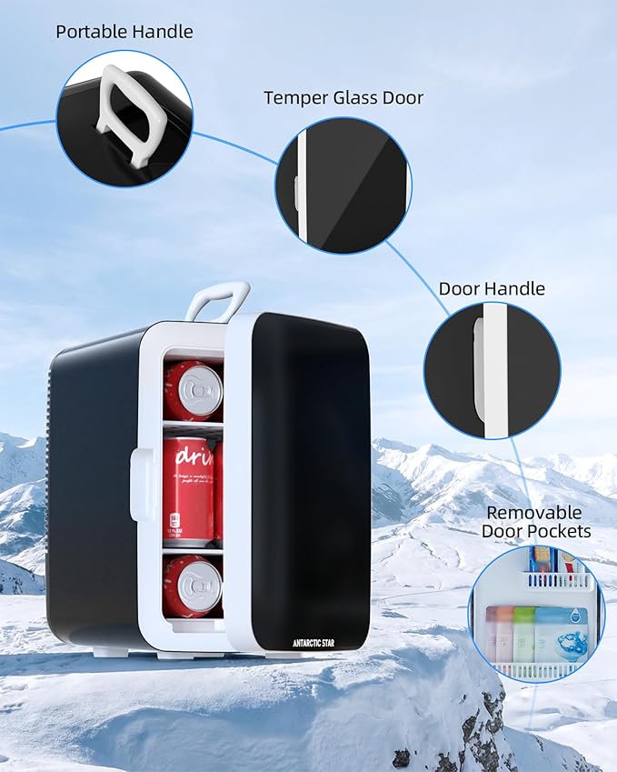 Antarctic Star Compact Mini Fridge, Portable Small Refrigerator with AC/DC Power, 10 Liter/ 2.6 Gal Small Cosmetics Cooler for Beverage, Food, Skincare, Bedroom, Office and Car, Black