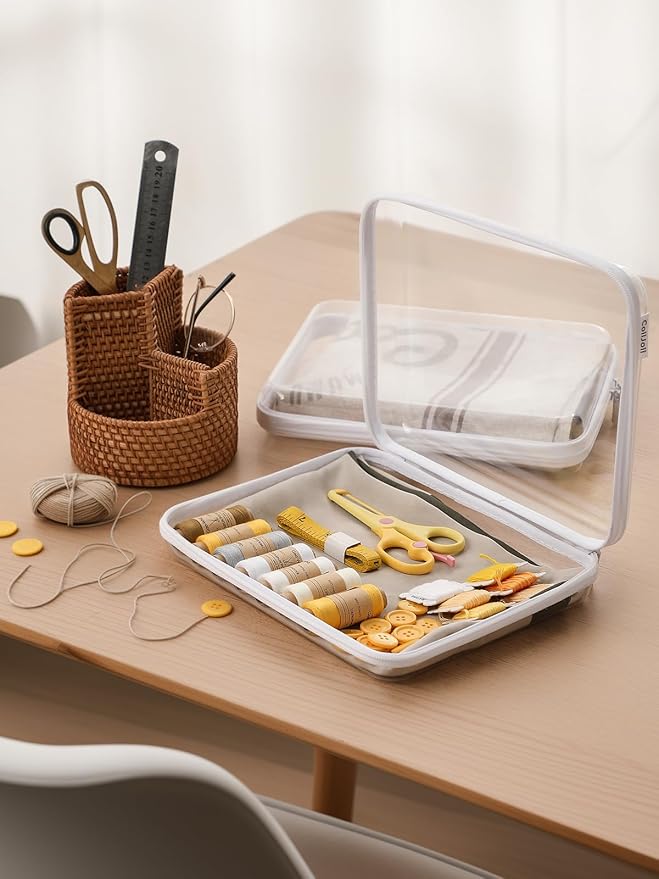 Zippered Pouch Hard, Clear Zippered Hard Pouch, Stackable Storage Bins, Portable Clear Bin Zipper (White, Large-6pcs)