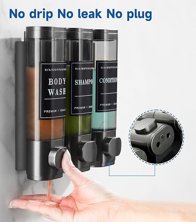 Shower Soap Dispenser Wall Mounted No Drill Shampoo Dispenser for Shower Wall Shampoo and Conditioner Dispenser Bathroom Hotel 3 * 300ml Gungray with Labels