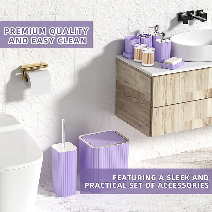 Bathroom Accessories Set - Gorgeous Purple Bathroom Set, 10PC Bathroom Accessory Set, Toilet Brush, Trash Can & Soap Dispenser