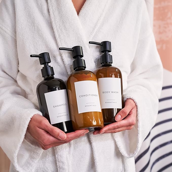Stylish Shampoo and Conditioner Dispenser Set of 3 - Modern 21oz Shower Soap PET Bottles with Pump and Labels - Easy to Refill Body Wash Dispensers for an Instant Bathroom Decor Upgrade