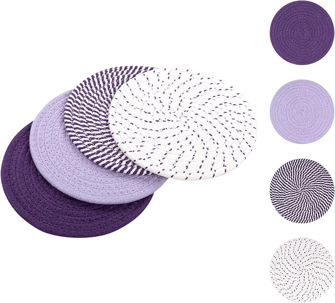 SHACOS 8 Inches Trivets for Hot Dishes, 4 Pieces Cotton Trivets Mats for Kitchen, Hot Pads for Countertops and Table, Heat-Resistant Pot Holders for Hot Pots and Pans(Purple, 4pcs)