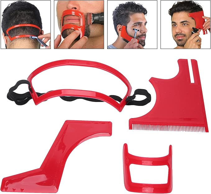 4 Pcs Red Beard Shaping Tool Kit, Plastic Beard Template Set Barber Supplies Set for Men Hairline Neckline & Beard Grooming Styling Beard Trimming Tools