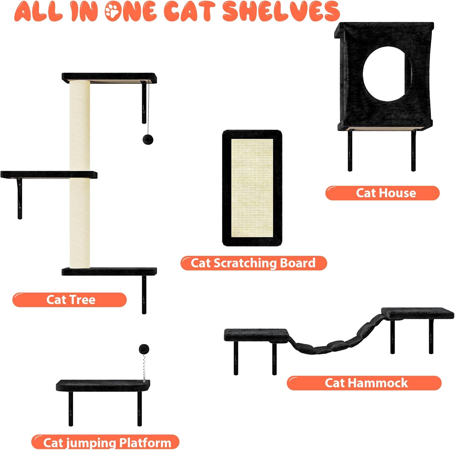 NUNU LAB Cat Wall Shelves Set, 5 Pcs Wall-Mounted Cat Climber with Cat House, Bridge, Scratching Post, Hammock, Wall Shelves, Black