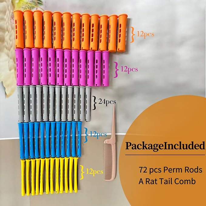 72pcs Perm Rods Set for Natural Hair - Plastic Cold Wave Rods Hair Rollers Curling Rod for Women DIY Hairdressing Tools（Orange+Purple+Gray+Blue+Yellow）