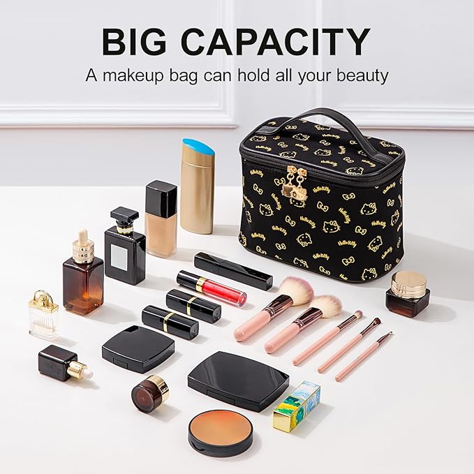 Vimanllie Makeup Bag Large Capacity Travel Cosmetic Bag with Dedicated Brush Holder,Cute Printed Makeup Organizer for Women Traveling,Portable Toiletry Bag for Girls