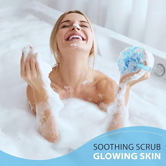 SHOWER BOUQUET Blue+Pink-Loofah-Bath-Sponge Lace-Mesh-Set // 2-Scrubs-in-1 // Large 60g Pouf 4-Pack Body Luffa Loofa Loufa Puff - Exfoliate, Cleanse Skin with Luxurious Bathing Accessories