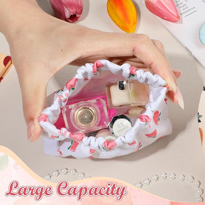ISKYBOB 3PCS Pocket Cosmetic Bag Squeeze Top, Small Makeup Bag for Purse Portable Mini Coin Change Purse Self-Closing Cosmetic Purse Small Leather Makeup Lipstick Organizer Pouches (Flower)