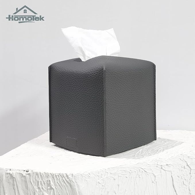 HOMOTEK 2 Pack Tissue Box Cover, Square PU Leather Tissue Holder, Decorative Facial Tissue Cube Paper Organizer Dispenser for Bathroom, Night Stands, Desk, Car 5X5X5'' - Beige, Pebble Grain