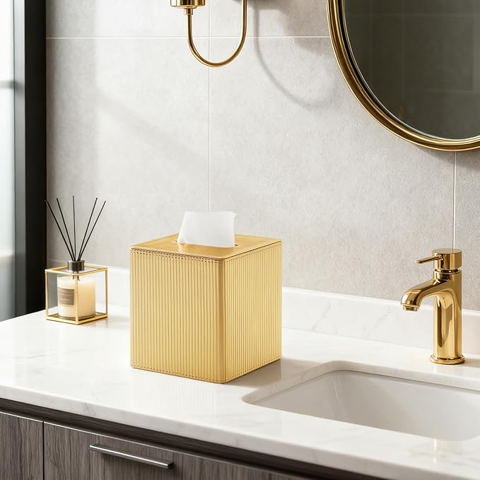 Gold Tissue Box Cover Square with Magnetic Closure, PU Leather Tissue Box Holder for Bathroom NightStands Livingroom, Decorative Modern Square Tissue Holder (Gold)