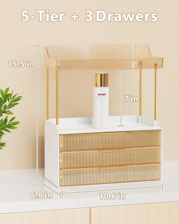 Bathroom Organizers and Storage, Makeup Organizer (Sturdy Durable Attractive), Ideal for Vanity, Countertop, Counter, Perfume, Skincare, Cabinet, Cosmetic, Dresser Organizer (Gold)