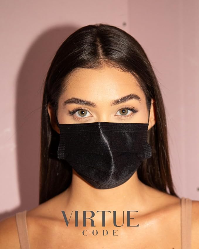 VIRTUE CODE Support Face Masks - Soft 3 Ply Comfort Face Masks, Colorful Disposable Face Mask 50 Pack. Black Colored Masks. Adults Mens and Womens Disposable Face Masks