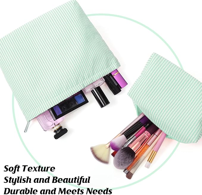 2 Pcs Makeup Bag Set Cute Cosmetic Pouch for Women Seersucker Travel Toiletry Bag Preppy Small Makeup Purse Pouch Aesthetic Skincare Brushes Storage Organizer for Valentine Women(Green)
