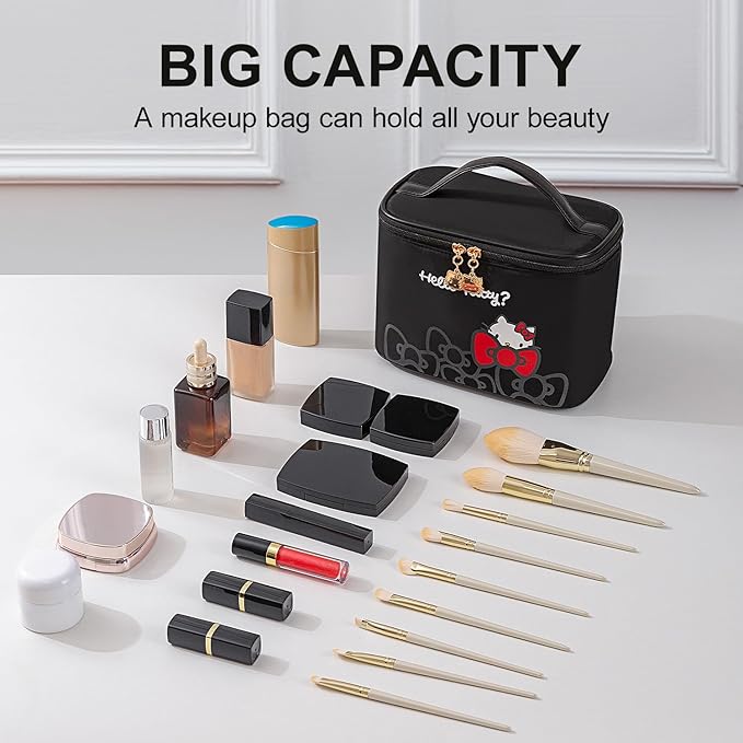 Vimanllie Travel Makeup Bag Large Cosmetic Bags with Brush Holder,Black Waterproof 2PCS Portable Cosmetic Case for Women,Toiletry Bag for Skincare&Beauty Tools for Her