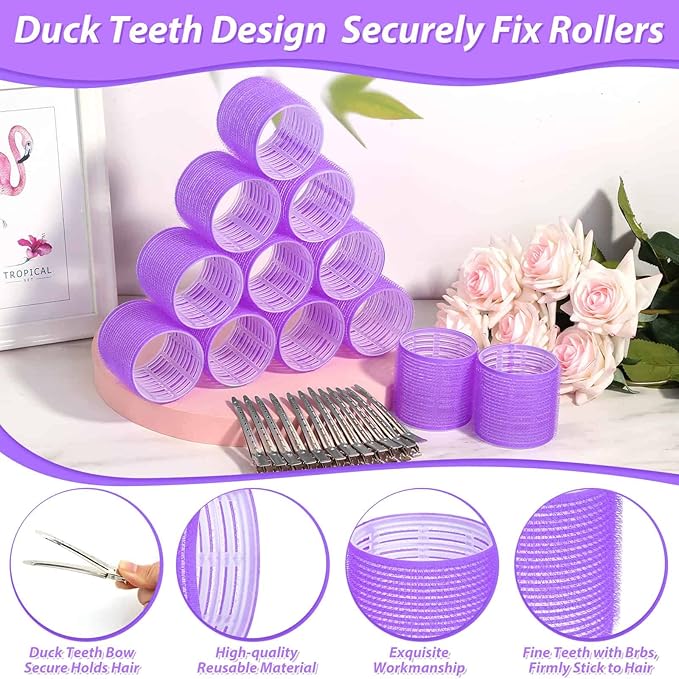 Jumbo Hair Curlers Rollers, 12Pcs Hair Roller Curlers Self Grip Holding Rollers with12 Stainless Steel Duckbill Clips for Long Hair Volume (Purple)