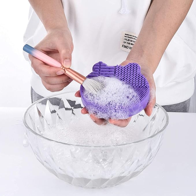 Bird&Fish Silicon Makeup Brush Cleaner Mat & Drying Pad with Carbon Removal Sponge (Rose Red)