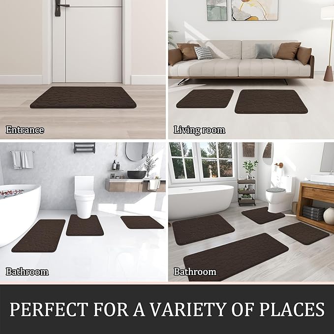 YIHOUSE Bathroom Rugs Mat Set 2 Piece Brown, Memory Foam Bath Mats Sets, Non Slip Water Absorbent Washable Bath Rugs for Sink, Toilet and Floor
