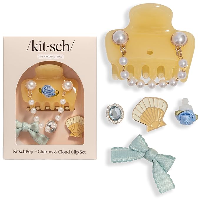 KitschPop ™ Hair Clips For Women with Charm Sets -Customizable Cloud Claw Clip With Interchangeable Collectible Cute Charms | Ideal Gifts For Women - Coastal Cottage - Butter Yellow, 7pcs Set