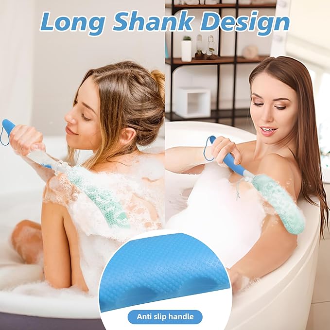Back Scrubber for Shower，Mesh Sponge Body Shower Brush with Long Handle for Use in Shower Back Scrubber,Back Scrub for Exfoliating Body Scrubber or Shower Brush (Blue and Blue)