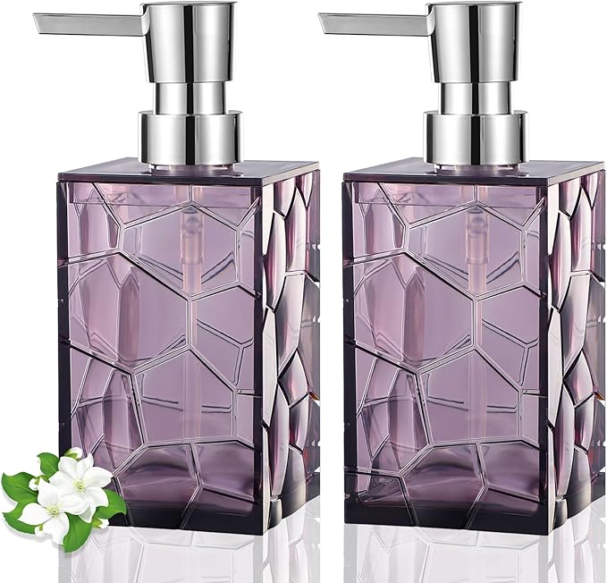 Hand Soap Dispenser, Clear Acrylic Plastic Liquid Pump Bottles Refillable Lotion Dispenser for Bathroom Decor Kitchen College Dorm, Purple 2 Pack