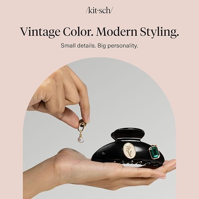 KitschPop ™ Hair Clips For Women with Charm Sets -Customizable Curved Claw Clip With Interchangeable Collectible Cute Charms | Ideal Gifts For Women -Vintage Black, 7pcs Set
