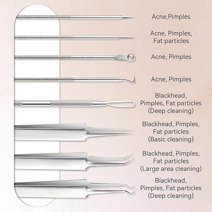 8 Pcs Blackhead Remover Tool Kit – Medical Grade Stainless Steel Acne Removal Set with Tweezers&Needles–Comedone Extractor for Whiteheads,Pimple Popping,Facial Blemish Removal–Nose & Face Care