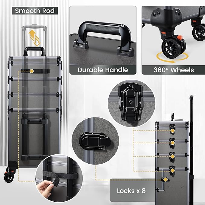 5 in 1 Makeup Train Case, Cosmetology Case on Wheels Travel Make up Case Rolling Nail Cart Makeup Organizer Cosmetic Storage Box Cases Extra Large Trolley Truck, 360° Swivel Wheels, Ashy Grey