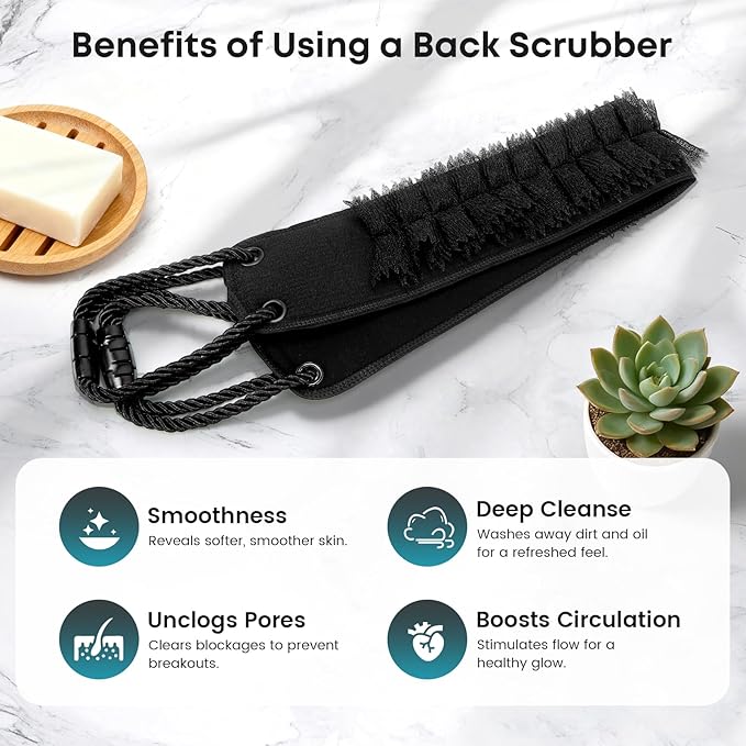 Back Scrubber with Handles for Shower, 40 Inches Dual-Sided Back Washer with Exfoliating Texture and Loofah for Men, Women and Elderly, Bath Back Exfoliator Body Cleaner for Deep Cleansing