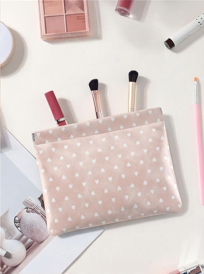 Hearts Leather Makeup Pouch Set for Women Small Make Up Bag for Purse Waterproof Initial Makeup Cosmetic Bags Pouches for Purse Aesthetic Travel Toiletry Bag,Nude Pink