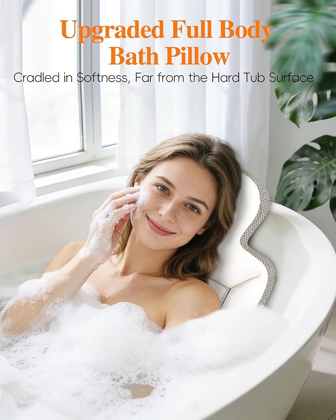 Full Body Bath Pillow for Bathtub, Thick Luxury Bathtub Cushion with Movable Lumbar Support and Laundry Bag, Bathtub Pillows for Head, Neck and Back Support, Bathtub Accessories for Women Spa Gift